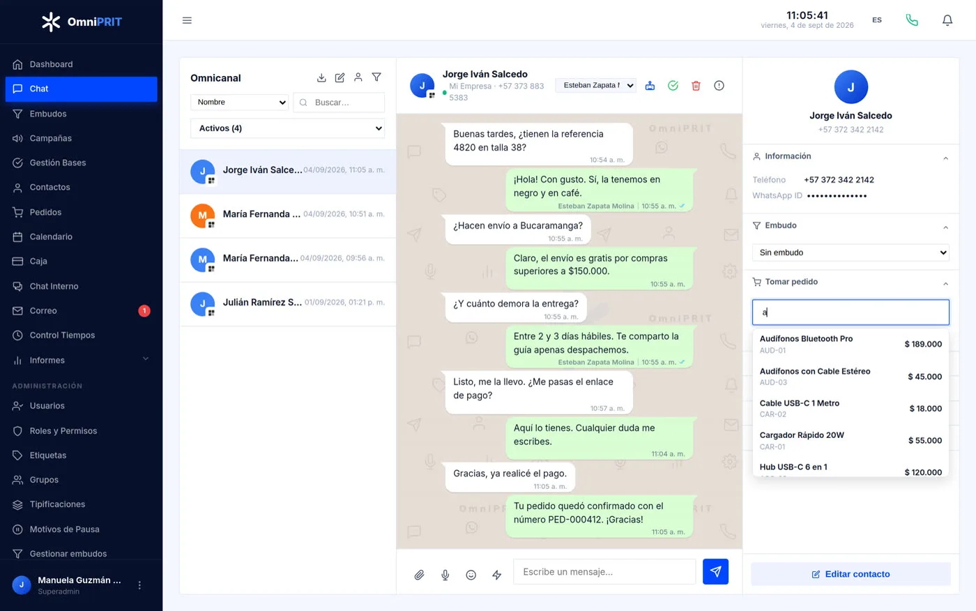 La bandeja de OmniPRIT: la conversación, el cliente y el pedido en la misma pantalla.